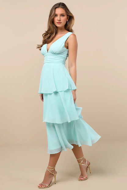 Elegantes vestidos de fiesta de media pierna, sin mangas, de chifón tejido, con capas y bordes de volantes