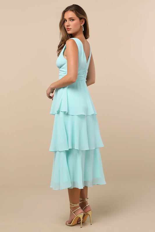 Elegant woven chiffon sleeveless layered mid length ruffle edge layered Homecoming Dresses