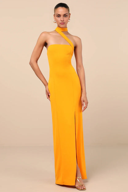 Orange Asymmetrical Halter-Neck Bodycon High-Slit Prom Dress