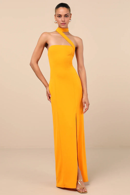 Orange Asymmetrical Halter-Neck Bodycon High-Slit Prom Dress