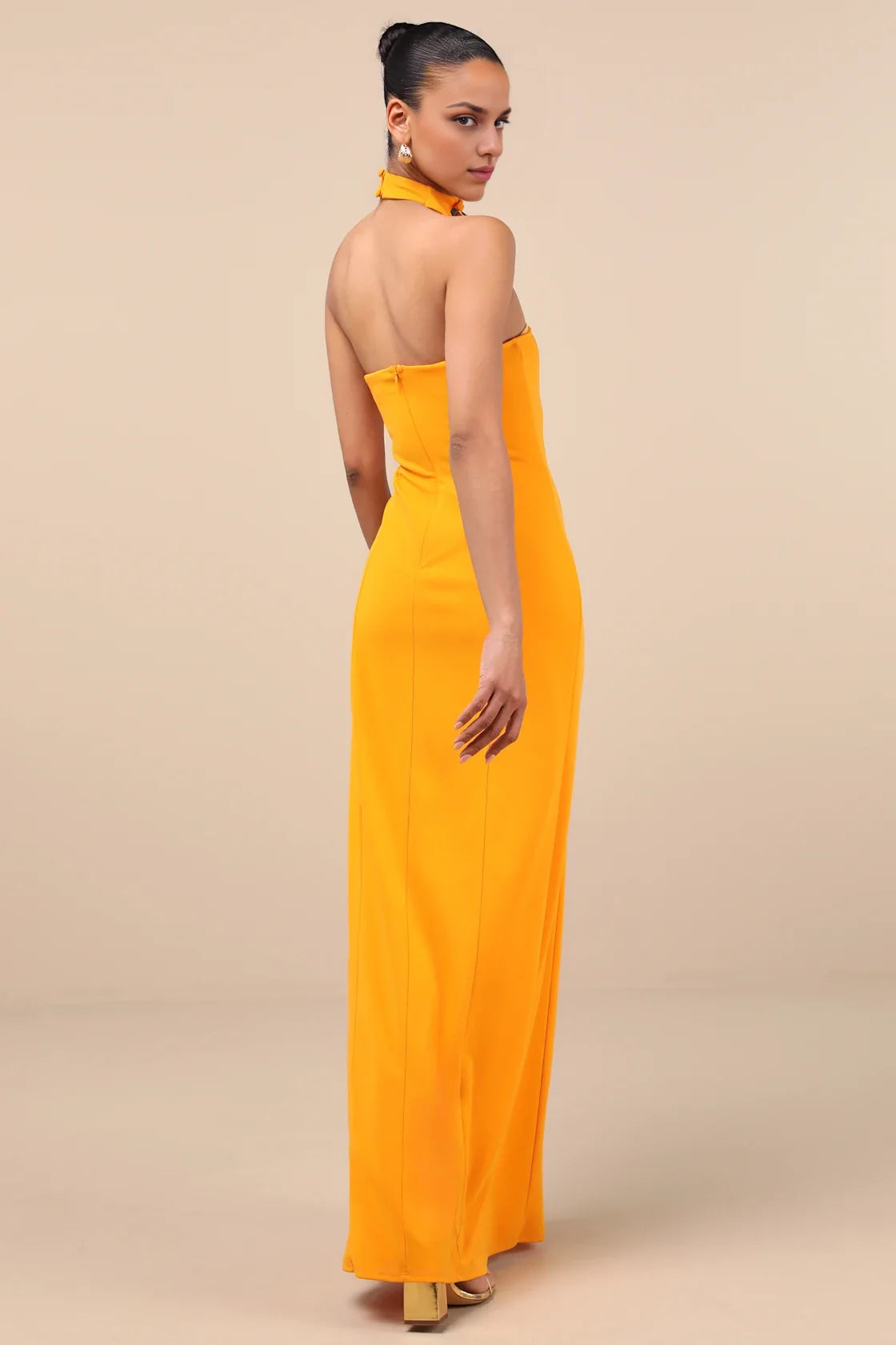 Orange Asymmetrical Halter-Neck Bodycon High-Slit Prom Dress