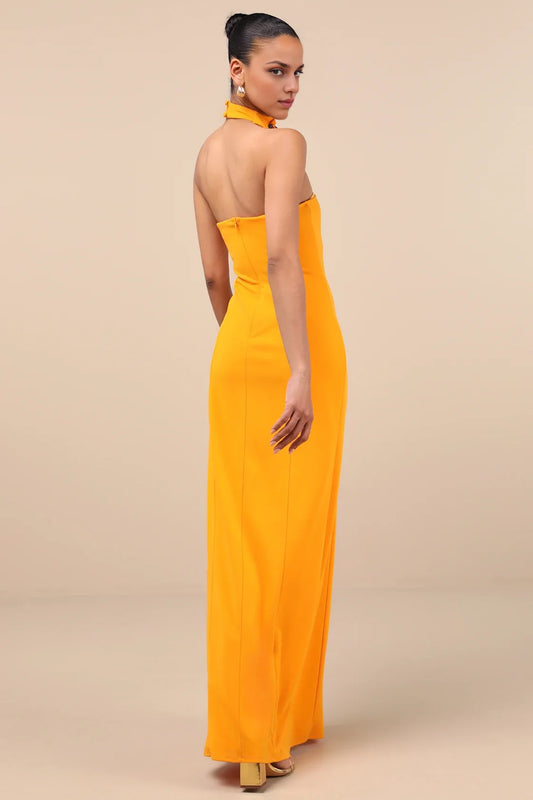 Orange Asymmetrical Halter-Neck Bodycon High-Slit Prom Dress