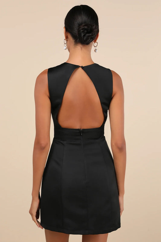 Black Satin Square-Neck Cutout-Back Homecoming Dress