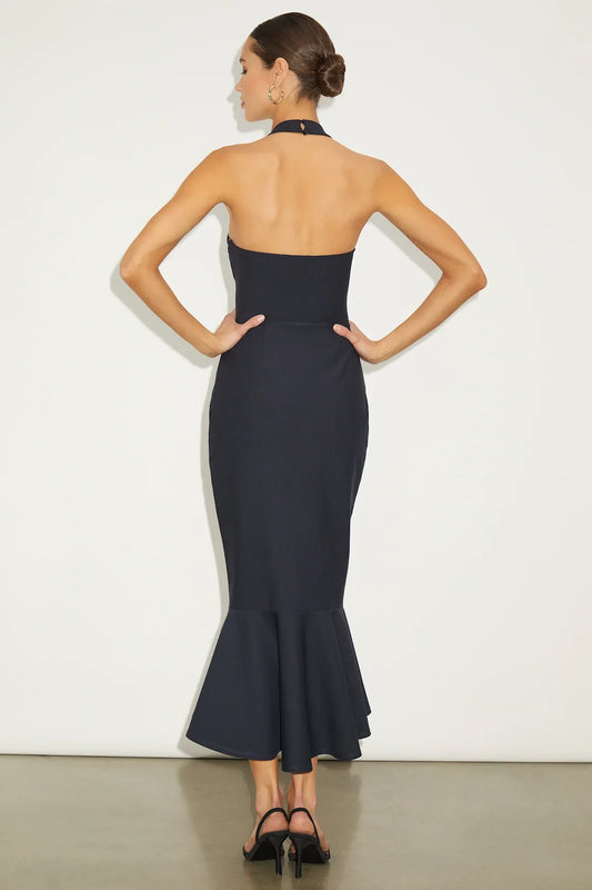 Navy Blue Halter-Neck Open-Back Mermaid Midi Dress