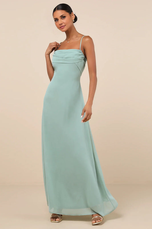 Sage Green Cowl Neck Spaghetti-Strap Chiffon Prom Dress