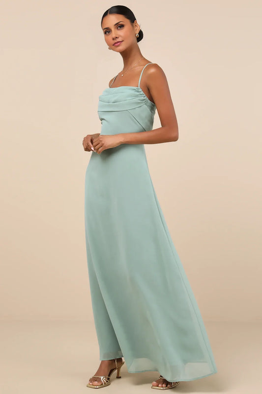 Sage Green Cowl Neck Spaghetti-Strap Chiffon Prom Dress