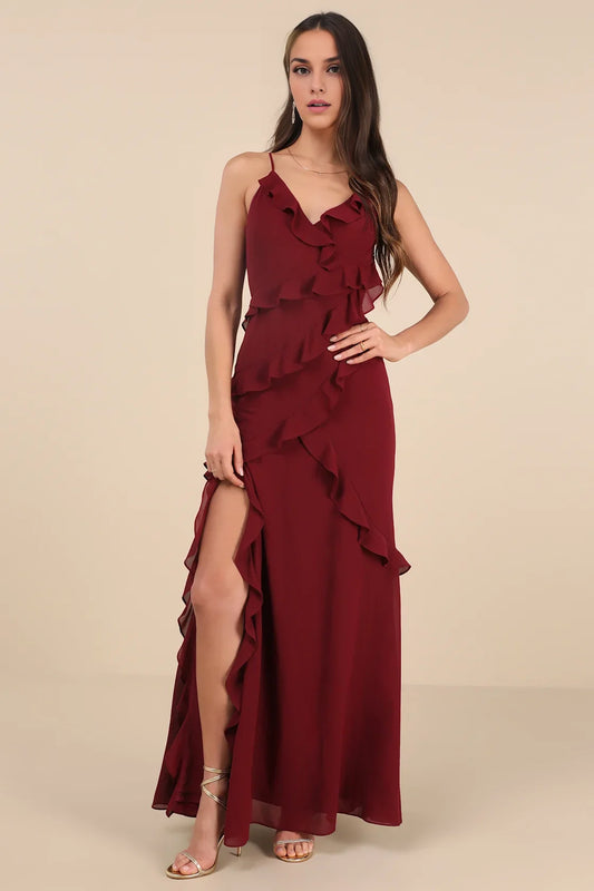 Burgundy Spaghetti-Strap Ruffled Chiffon Slit Maxi Dress
