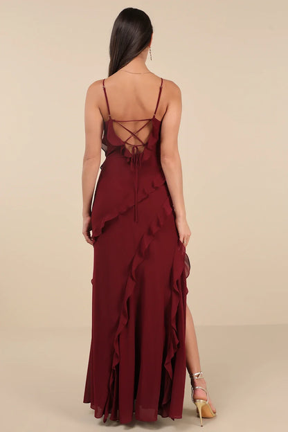 Burgundy Spaghetti-Strap Ruffled Chiffon Slit Maxi Dress