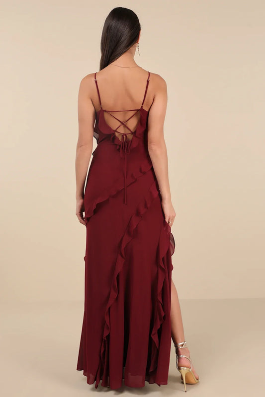 Burgundy Spaghetti-Strap Ruffled Chiffon Slit Maxi Dress