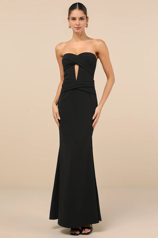 Black Strapless Sweetheart Keyhole Mermaid Maxi Dress