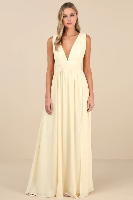 Pale Yellow Sleeveless Deep V-Neck Chiffon High-Slit Maxi Dress