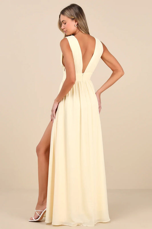 Pale Yellow Sleeveless Deep V-Neck Chiffon High-Slit Maxi Dress