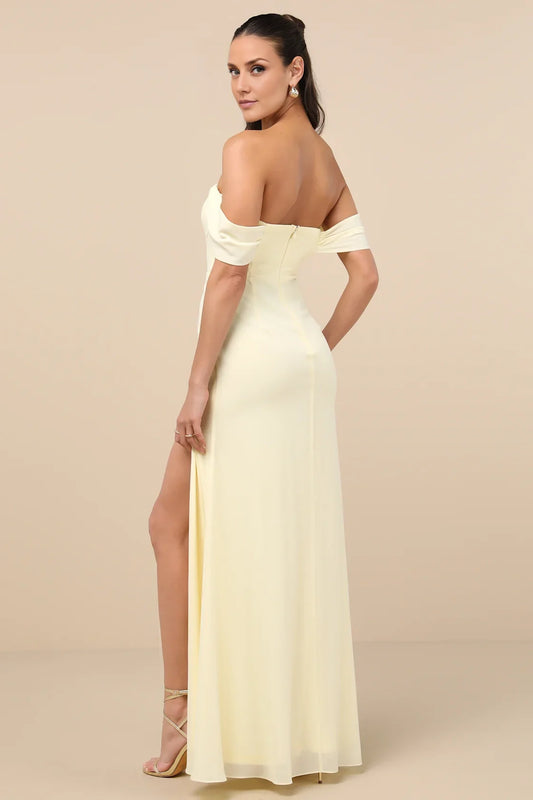 Pale Yellow Off-the-Shoulder High-Slit Chiffon Maxi Dress