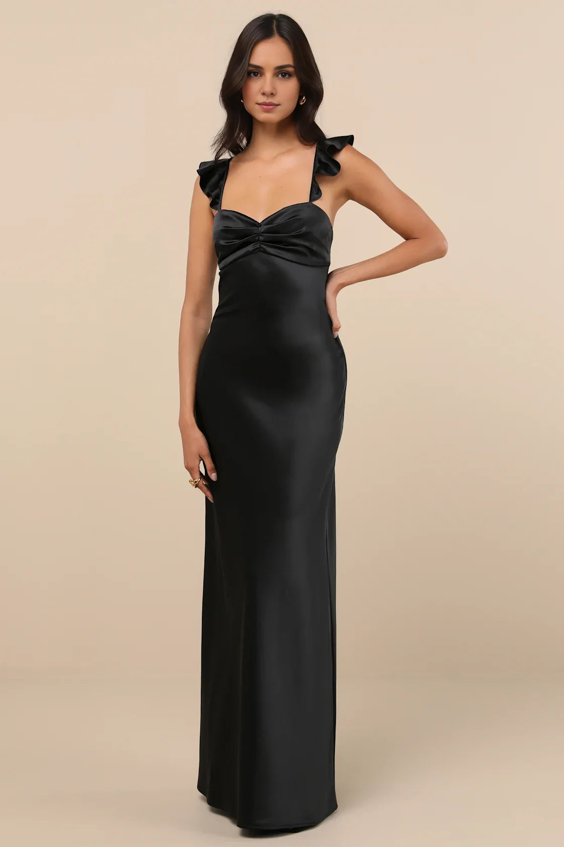 Black Satin Ruffle-Strap Sweetheart Mermaid Formal Dress