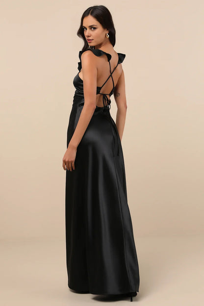 Black Satin Ruffle-Strap Sweetheart Mermaid Formal Dress