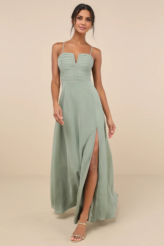Sage Green Spaghetti-Strap V-Notch Chiffon High-Slit Maxi Dress