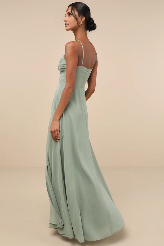 Sage Green Spaghetti-Strap V-Notch Chiffon High-Slit Maxi Dress