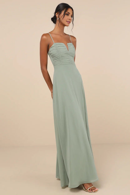 Sage Green Spaghetti-Strap V-Notch Chiffon High-Slit Maxi Dress