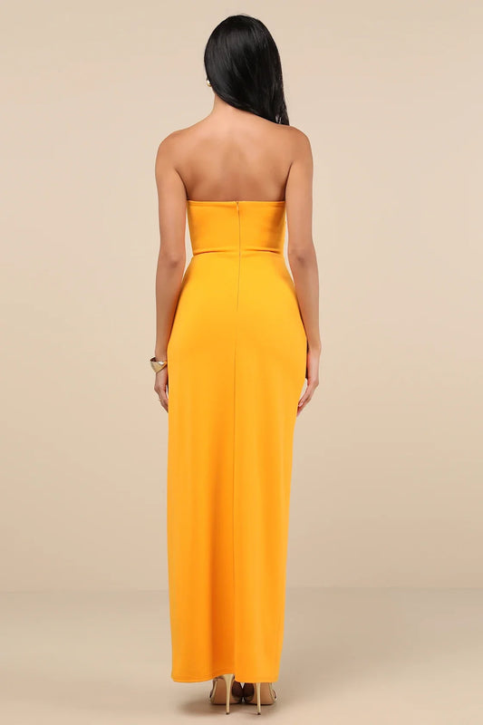 Bright Yellow Strapless Draped Bodycon Slit Maxi Dress