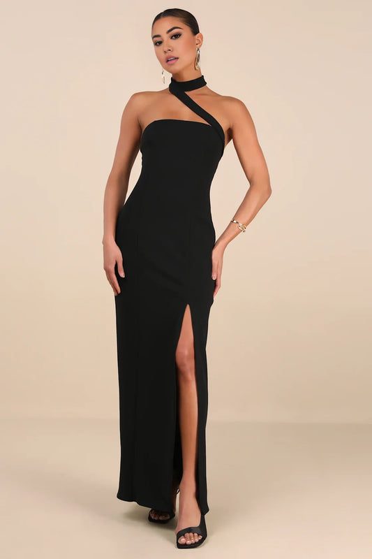 Black Asymmetrical Choker-Neck Bodycon High-Slit Prom Dress
