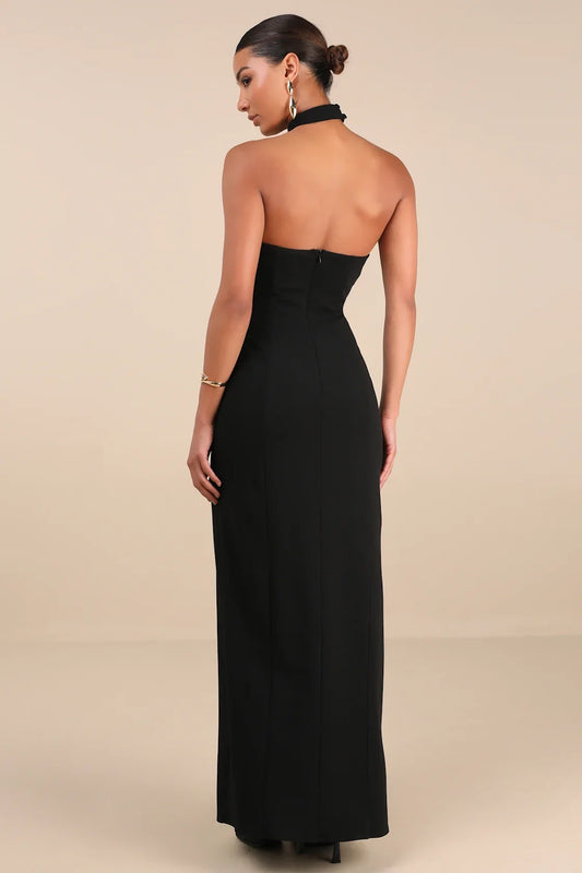 Black Asymmetrical Choker-Neck Bodycon High-Slit Prom Dress