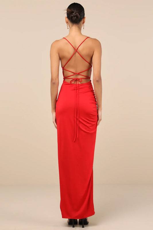 Vibrant Red Cowl Neck Crisscross Back Slit Maxi Formal Dress