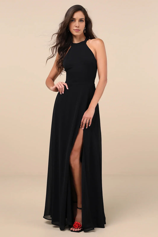 Black Halter-Neck Lace-Up Back High-Slit Chiffon Prom Dress