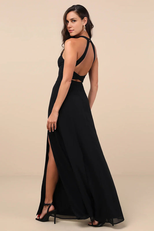 Black Halter-Neck Lace-Up Back High-Slit Chiffon Prom Dress