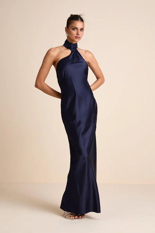 Navy Blue Satin Halter-Neck Keyhole-Back Mermaid Formal Dress