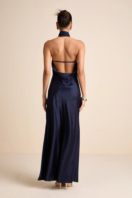 Navy Blue Satin Halter-Neck Keyhole-Back Mermaid Formal Dress