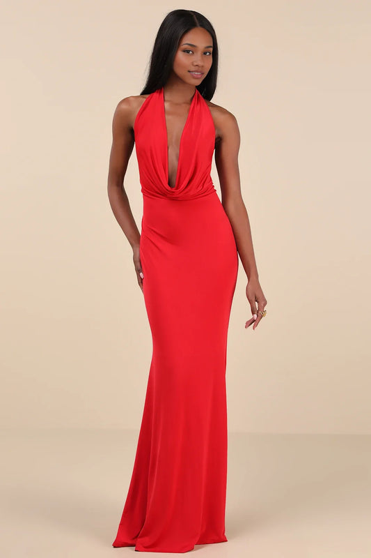 Red Halter Neck Plunge Open-Back Mermaid Maxi Dress