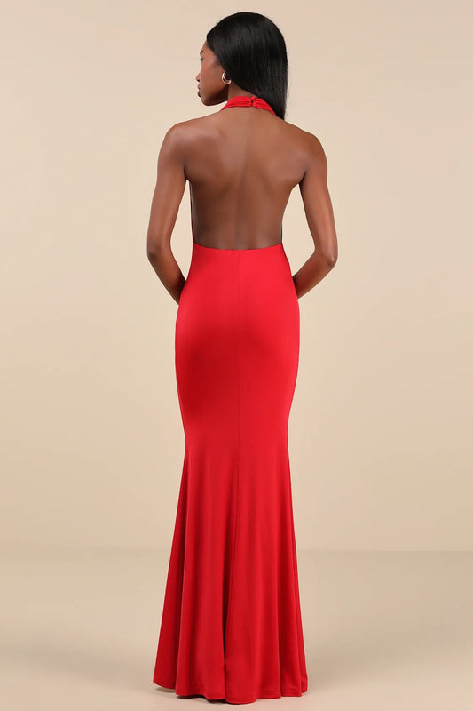 Red Halter Neck Plunge Open-Back Mermaid Maxi Dress