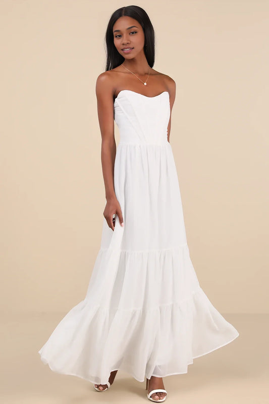 White Strapless Sweetheart Tiered Chiffon Maxi Dress