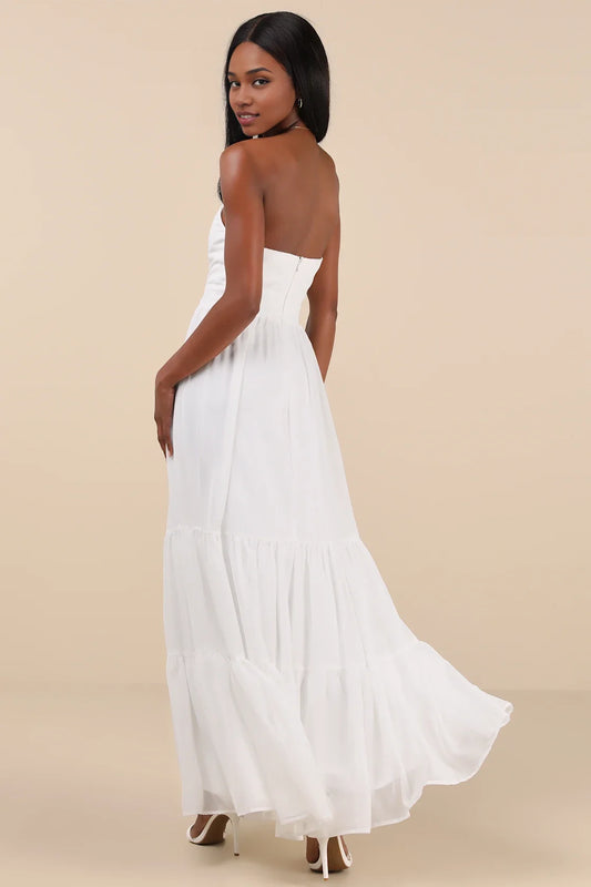 White Strapless Sweetheart Tiered Chiffon Maxi Dress