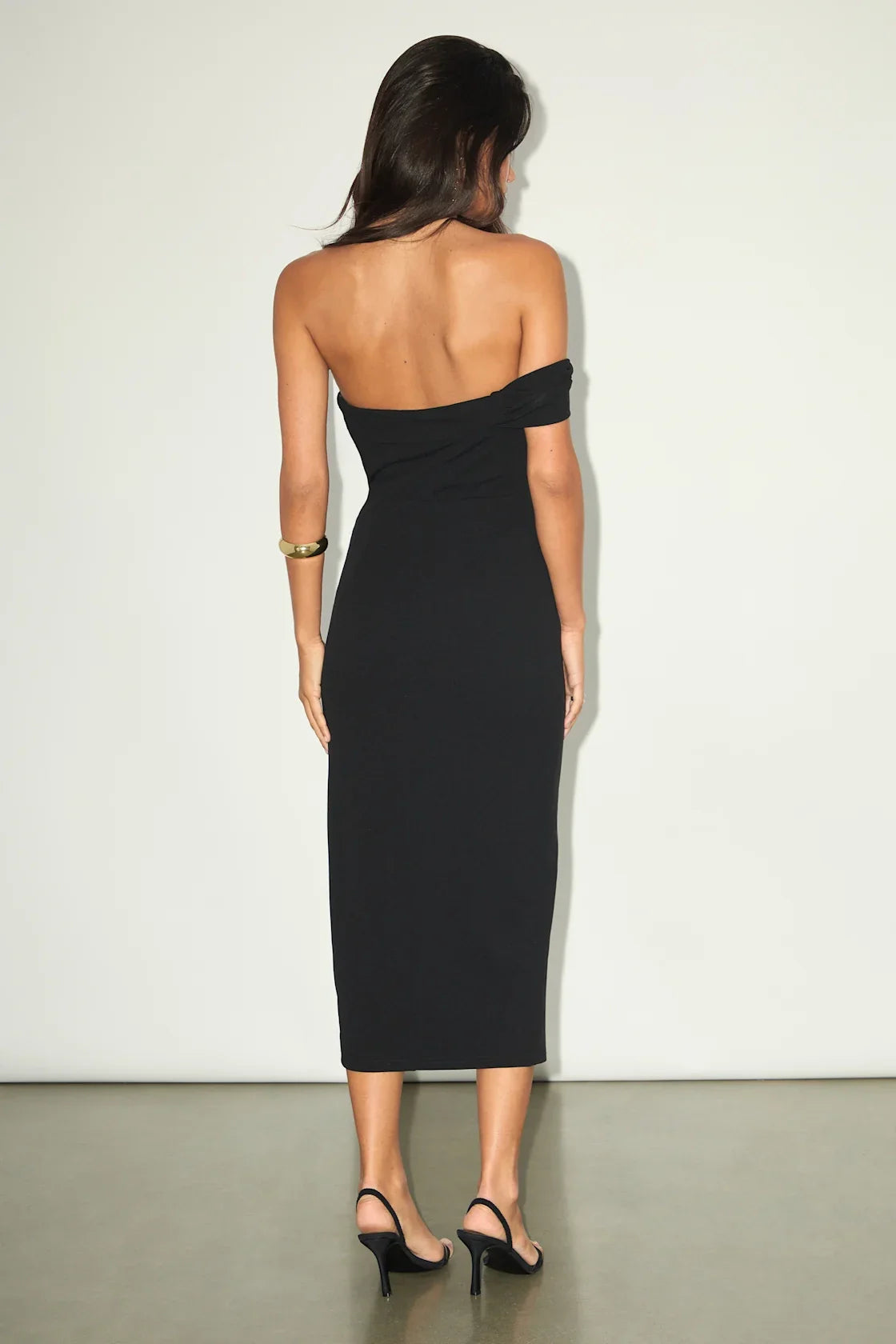Black Strapless Asymmetrical High-Slit Midi Cocktail Dress