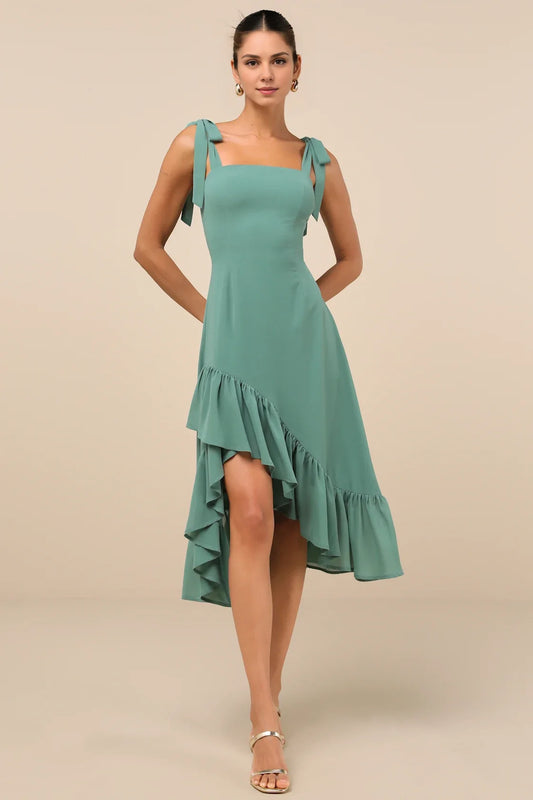 Unique woven chiffon square neckline asymmetrical ruffle edge medium length Homecoming Dresses