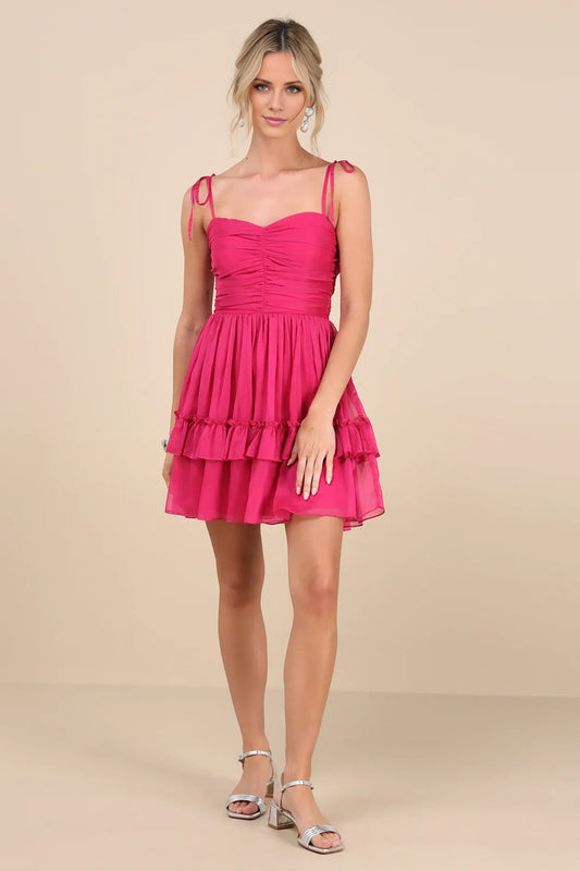 Fuchsia Sweetheart Tie-Strap Tiered Ruffle Homecoming Dress
