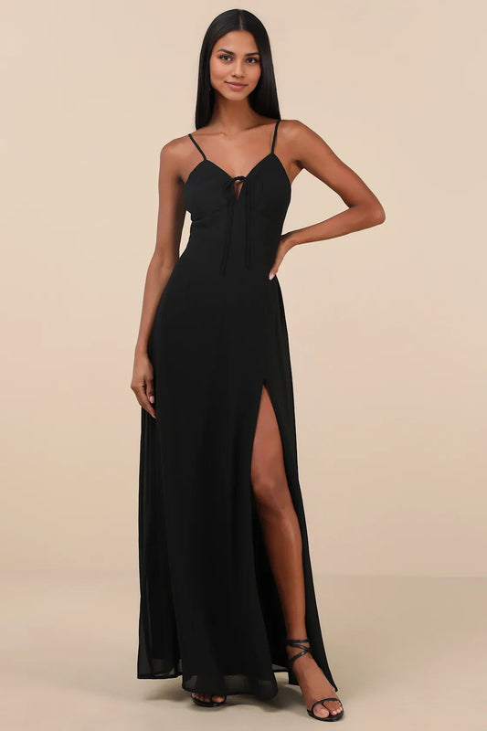Black Spaghetti-Strap Keyhole Slit Chiffon Maxi Dress