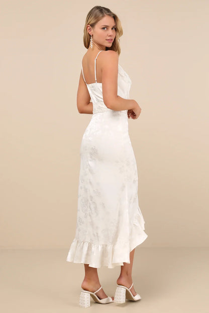 Vestidos elegantes de satén jacquard floral de largo medio con borde de volantes para fiestas de graduación
