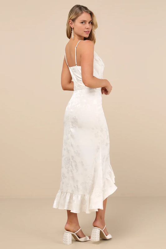 Elegant floral satin jacquard ruffle edge medium length Homecoming Dresses
