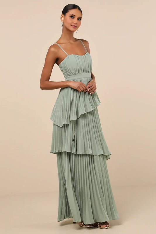 Sage Green Spaghetti-Strap Tiered Pleated Chiffon Prom Dress