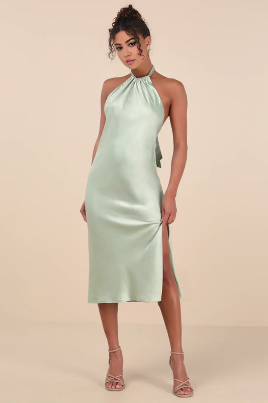 Elegant satin backless hanging neck mid length Homecoming Dresses