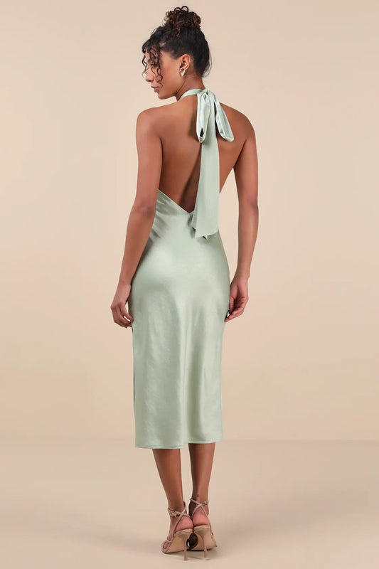 Elegant satin backless hanging neck mid length Homecoming Dresses