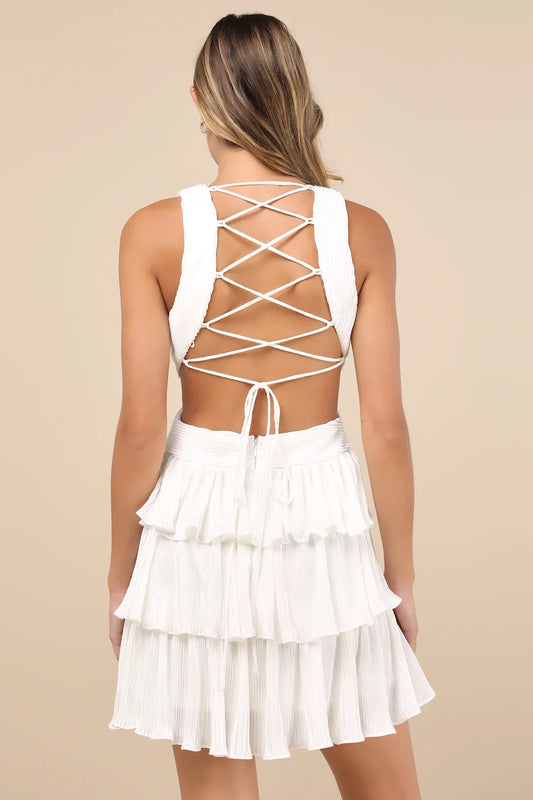 Elegant satin pleated layered lace up mini Homecoming Dresses