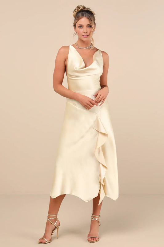 Cream Cowl Neck Satin Asymmetrical Ruffled Midi Dress