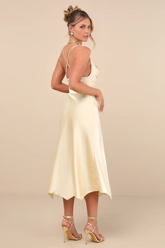 Cream Cowl Neck Satin Asymmetrical Ruffled Midi Dress