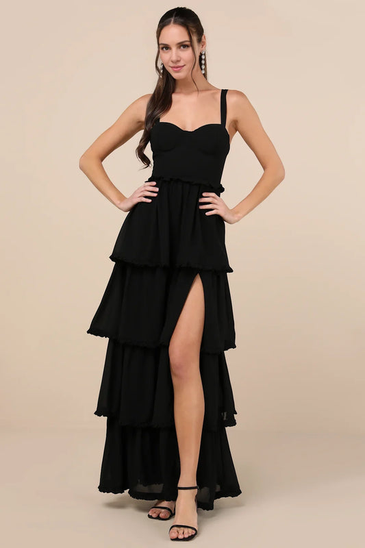 Black Sweetheart Tiered Ruffle Slit Maxi Formal Dress