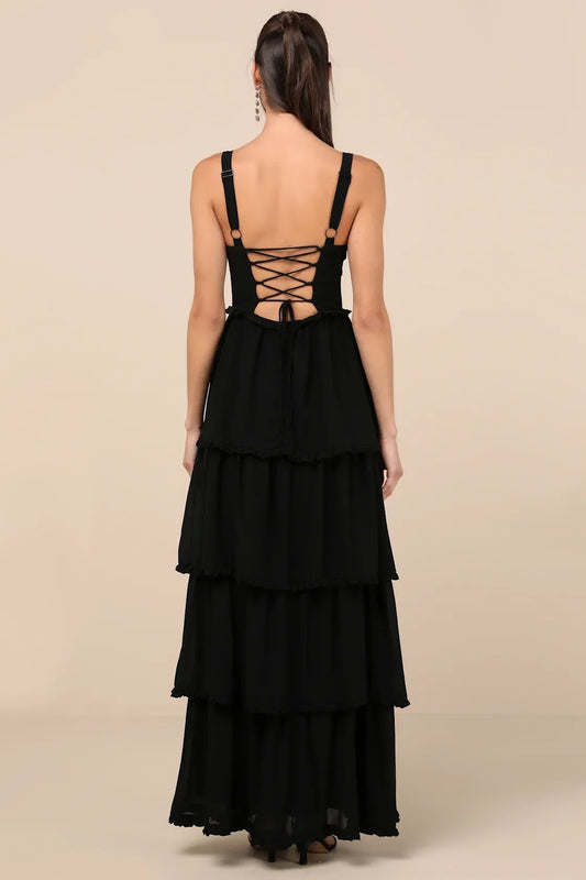 Black Sweetheart Tiered Ruffle Slit Maxi Formal Dress
