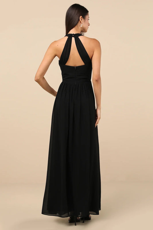Black Halter-Neck V-Neck Tie-Waist High-Slit Chiffon Prom Dress