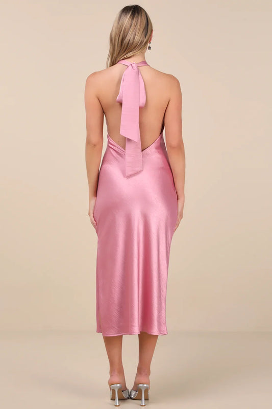 Sexy satin backless hanging neck mid length slim fit silhouette Homecoming Dresses